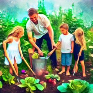 A picture of a young family gardening.