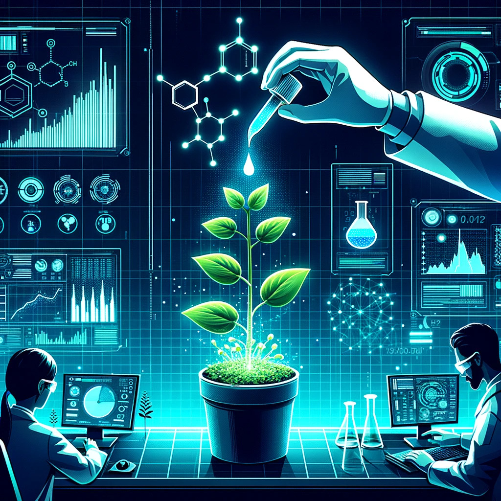 Graphic art style image showcasing a futuristic laboratory setting. Scientists are carefully dripping a glowing nano-fertilizer solution into a potted plant. The plant reacts by instantly sprouting taller and greener. Digital screens in the background display data about the nano-fertilizer's effectiveness.