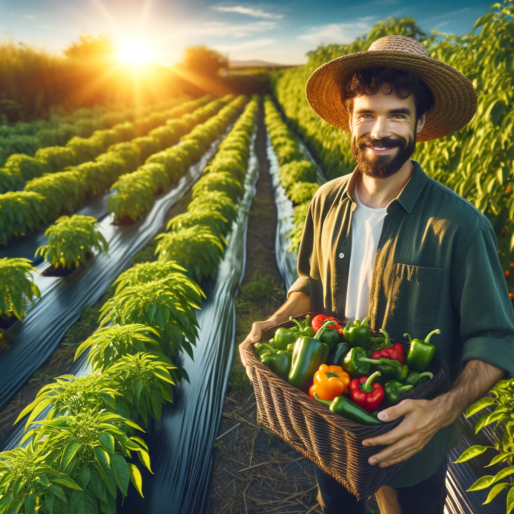 A vibrant vegetable garden with lush green pepper plants covered with poly mulch, a happy gardener, and a warm, sunny backdrop.